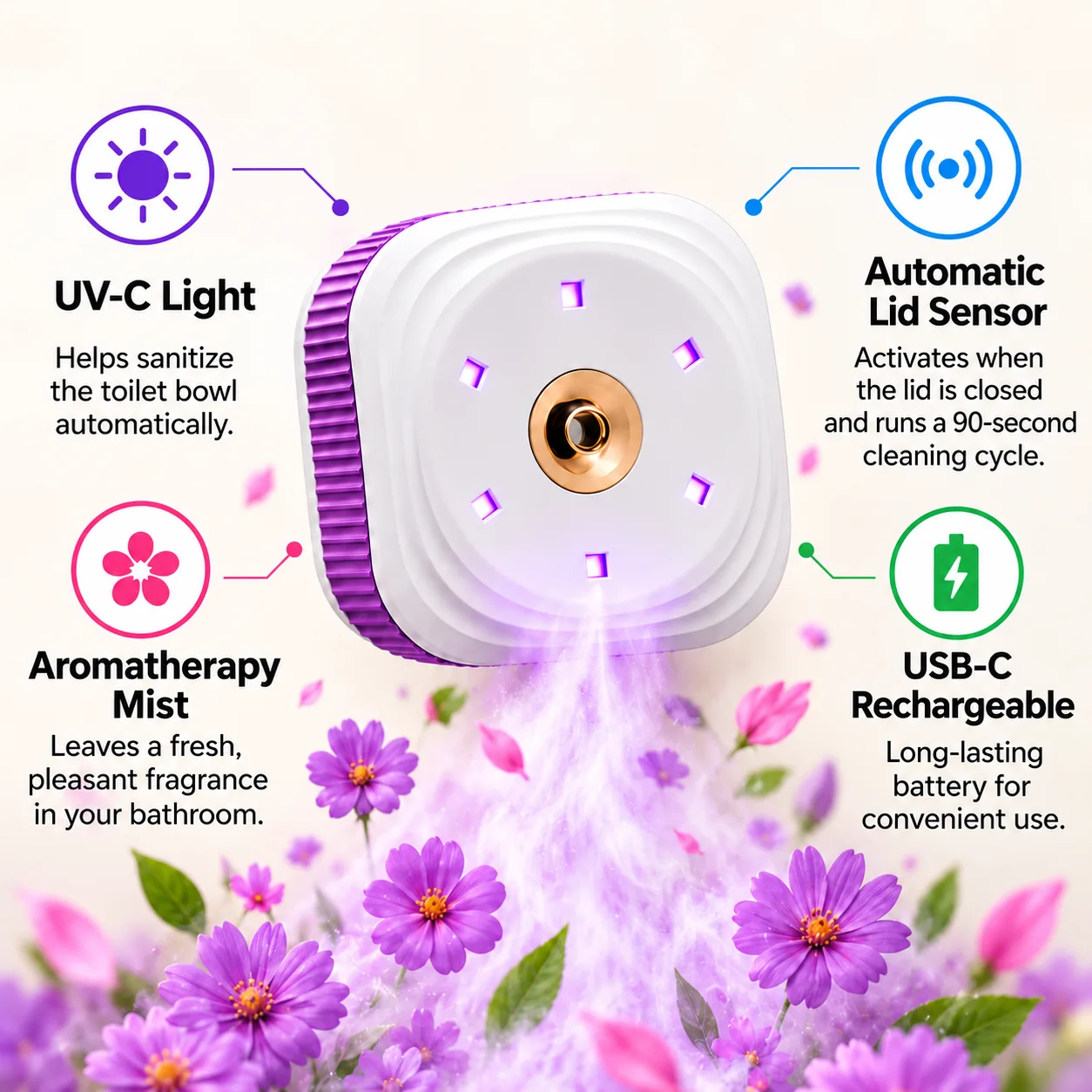 Lidvio device features including UV-C light, lid sensor, aroma mist and USB-C charging