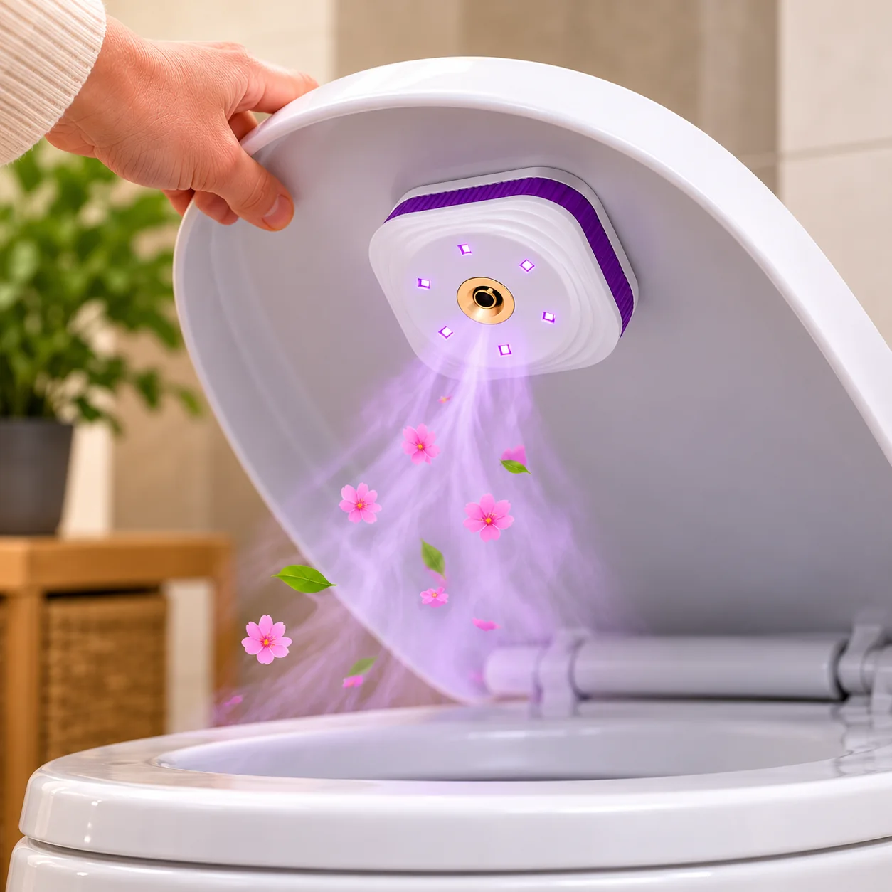 Lidvio mounted under a raised toilet lid with UV-C coverage illustration